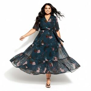New City Chic Maxi Dress Large / 20 Teal Faux Wrap V-Neck Tiered Flutter Sleeve